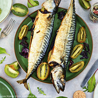 Buy canvas prints of Grilled mackerelon a plate by Mykola Lunov Mykola