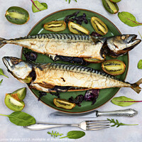 Buy canvas prints of Delicious smoked mackerel fish, seafood by Mykola Lunov Mykola