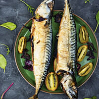 Buy canvas prints of Grilled mackerel fish with kiwi by Mykola Lunov Mykola