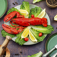 Buy canvas prints of Boiled lobster, greens and lemon by Mykola Lunov Mykola