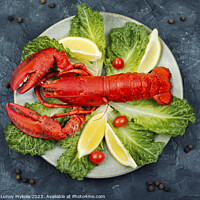 Buy canvas prints of Cooked whole red lobster with fresh lettuce by Mykola Lunov Mykola