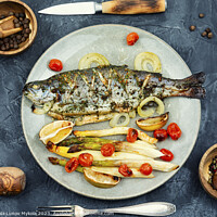 Buy canvas prints of Grilled salmon with asparagus on plate by Mykola Lunov Mykola