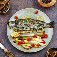 Buy canvas prints of Roasted trout with baked asparagus by Mykola Lunov Mykola