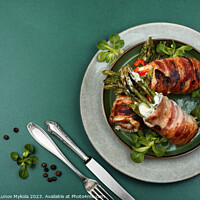 Buy canvas prints of Bacon meat roll stuffed with asparagus. by Mykola Lunov Mykola