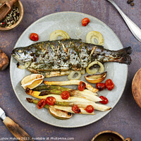 Buy canvas prints of Trout baked with white asparagus by Mykola Lunov Mykola