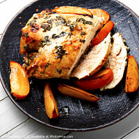 Buy canvas prints of Roasted or grilled chicken breast with persimmons. by Mykola Lunov Mykola