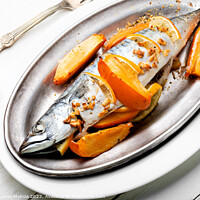 Buy canvas prints of Mackerel fish baked with fruits. by Mykola Lunov Mykola