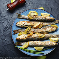 Buy canvas prints of Fried whole fish with kiwi and lime. by Mykola Lunov Mykola
