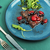 Buy canvas prints of Beef steak roasted in berry sauce. by Mykola Lunov Mykola