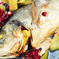 Buy canvas prints of Dorado fish cooked with melon. by Mykola Lunov Mykola