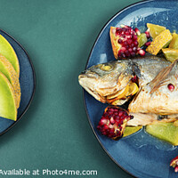 Buy canvas prints of Dorado fish cooked with fruits, dieting eating. by Mykola Lunov Mykola