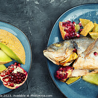 Buy canvas prints of Dorado fish prepared with melon. by Mykola Lunov Mykola