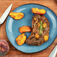 Buy canvas prints of Roasted meat beef steak with peach. by Mykola Lunov Mykola