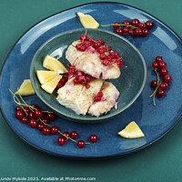 Buy canvas prints of Codfish loin baked with berries. by Mykola Lunov Mykola