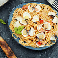 Buy canvas prints of Italian spaghetti pasta with clams. by Mykola Lunov Mykola
