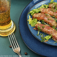 Buy canvas prints of Fried sausages with glass of beer by Mykola Lunov Mykola