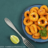 Buy canvas prints of Deep fried squid rings, space for text. by Mykola Lunov Mykola