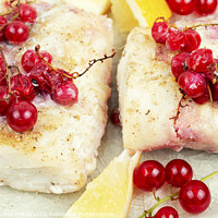 Buy canvas prints of Codfish loin baked with berries, white fish. by Mykola Lunov Mykola