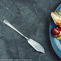 Buy canvas prints of Dorado fish cooked with melon, copy space. by Mykola Lunov Mykola
