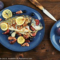 Buy canvas prints of Baked sea bream dorada fish with figs. by Mykola Lunov Mykola