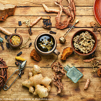 Buy canvas prints of Tea and a set of medicinal herbs by Mykola Lunov Mykola