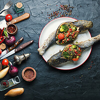Buy canvas prints of Tasty baked whole fish by Mykola Lunov Mykola