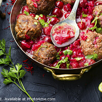 Buy canvas prints of Lamb meatballs in cherry sauce by Mykola Lunov Mykola