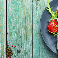 Buy canvas prints of Salad with dried tomatoes and arugula,copy space by Mykola Lunov Mykola