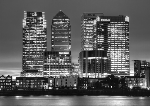 Docklands Canary Wharf sunset BW Picture Board by David French