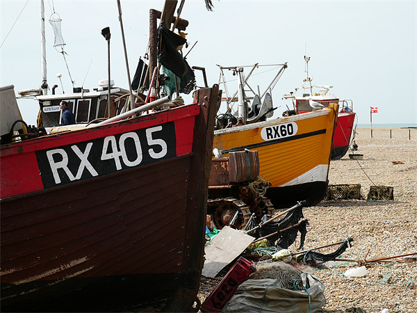Fishing boats on the shore in Hastings Picture Board by David French