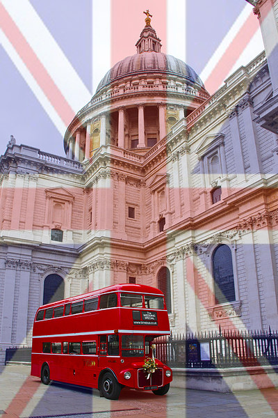 Red Bus and St Pauls Union Jack Flag Picture Board by David French