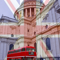 Buy canvas prints of Red Bus and St Pauls Union Jack Flag by David French