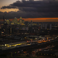 Buy canvas prints of  Docklands Skyline Sunset by David French