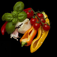 Buy canvas prints of Peppers Basil Tomatoes Garlic by David French