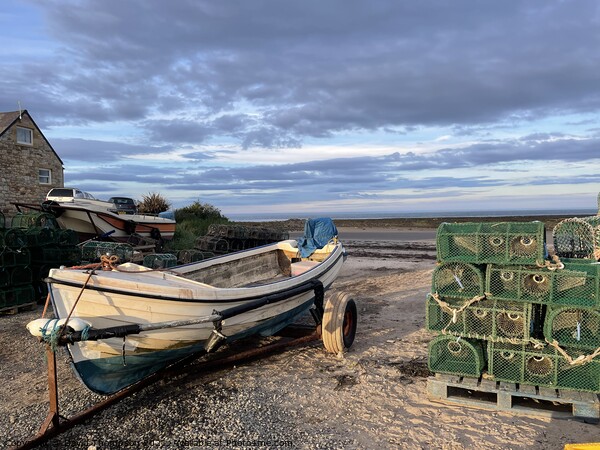 Boulmer Fishing boat and Lobster Pots  Picture Board by David Thompson