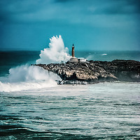 Buy canvas prints of Big wave strikes Faro De La Isla De Mouro by Maria Galushkina