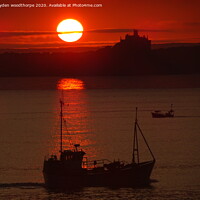 Buy canvas prints of sunrise, fishing boat and st Michaels mount. by kayden woodthorpe