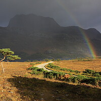 Buy canvas prints of Rainbow over Slioch from Loch Maree in Scotland by MIKE HUTTON