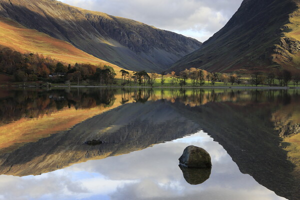 Lake Buttermere reflection in the Lake District Picture Board by MIKE HUTTON