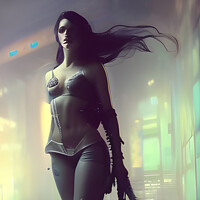 Buy canvas prints of A cyberpunk woman posing in a city landscape by Alessandro Della Torre