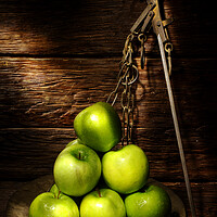 Buy canvas prints of green apples on top of a wooden table by Alessandro Della Torre