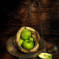 Buy canvas prints of green apple on a weight scale meter by Alessandro Della Torre