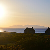 Buy canvas prints of Prestwick salt pan houses and Arran at sunset by Allan Durward Photography