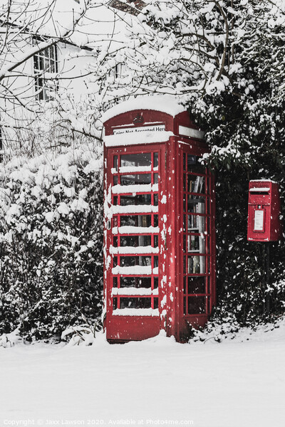 Snowy Red Telephone Box Picture Board by Jaxx Lawson