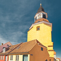 Buy canvas prints of Bell Tower in Faaborg old streets, Denmark by Frank Bach