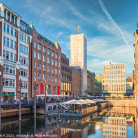 Buy canvas prints of Canals and shops in Speicherstadt Hamburg, Germany by Frank Bach