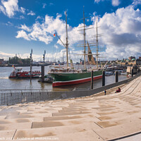 Buy canvas prints of Scenery with promenade and tourbats from Hamburg harbor, Germany by Frank Bach