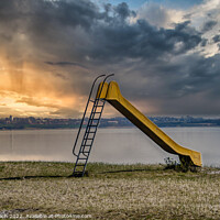 Buy canvas prints of Childrens slider in Flensburg fjord between Denmark and Germany by Frank Bach
