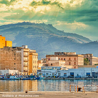 Buy canvas prints of Trapani harbor and city with mountain and Erice in the distance  by Frank Bach