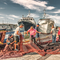 Buy canvas prints of Local fishermen mending their nets in Trapani harbor on Sicily by Frank Bach